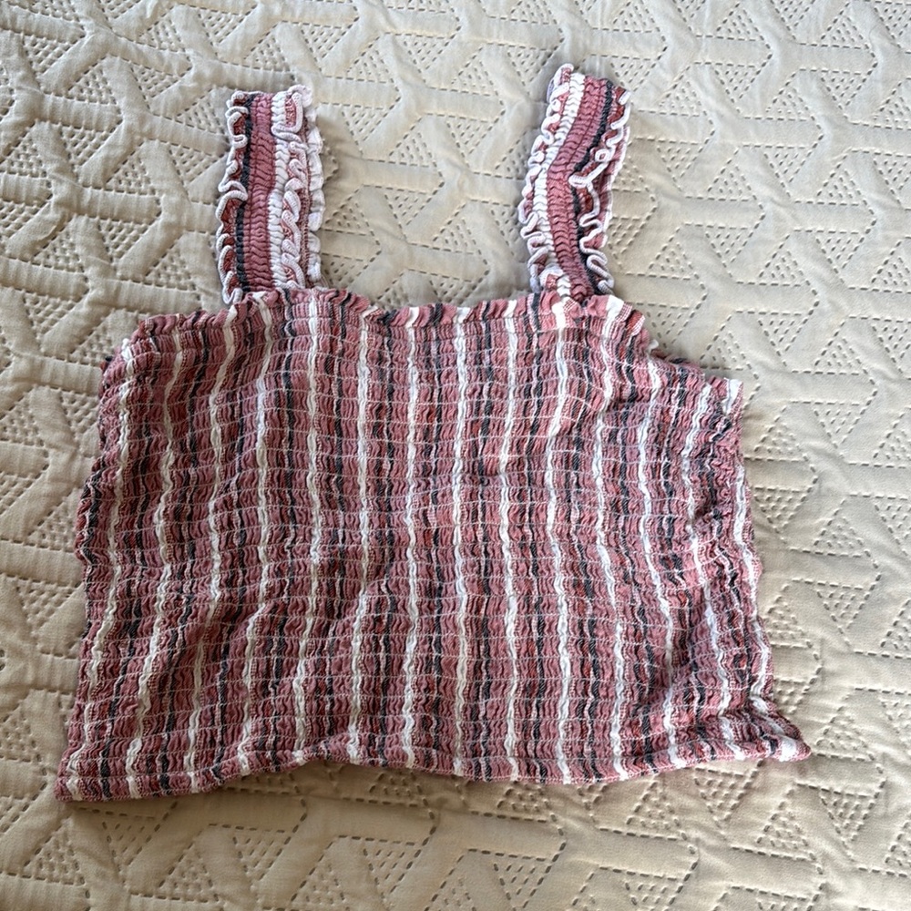 Hollister Pink and White Ruffled Smocked Tank Top